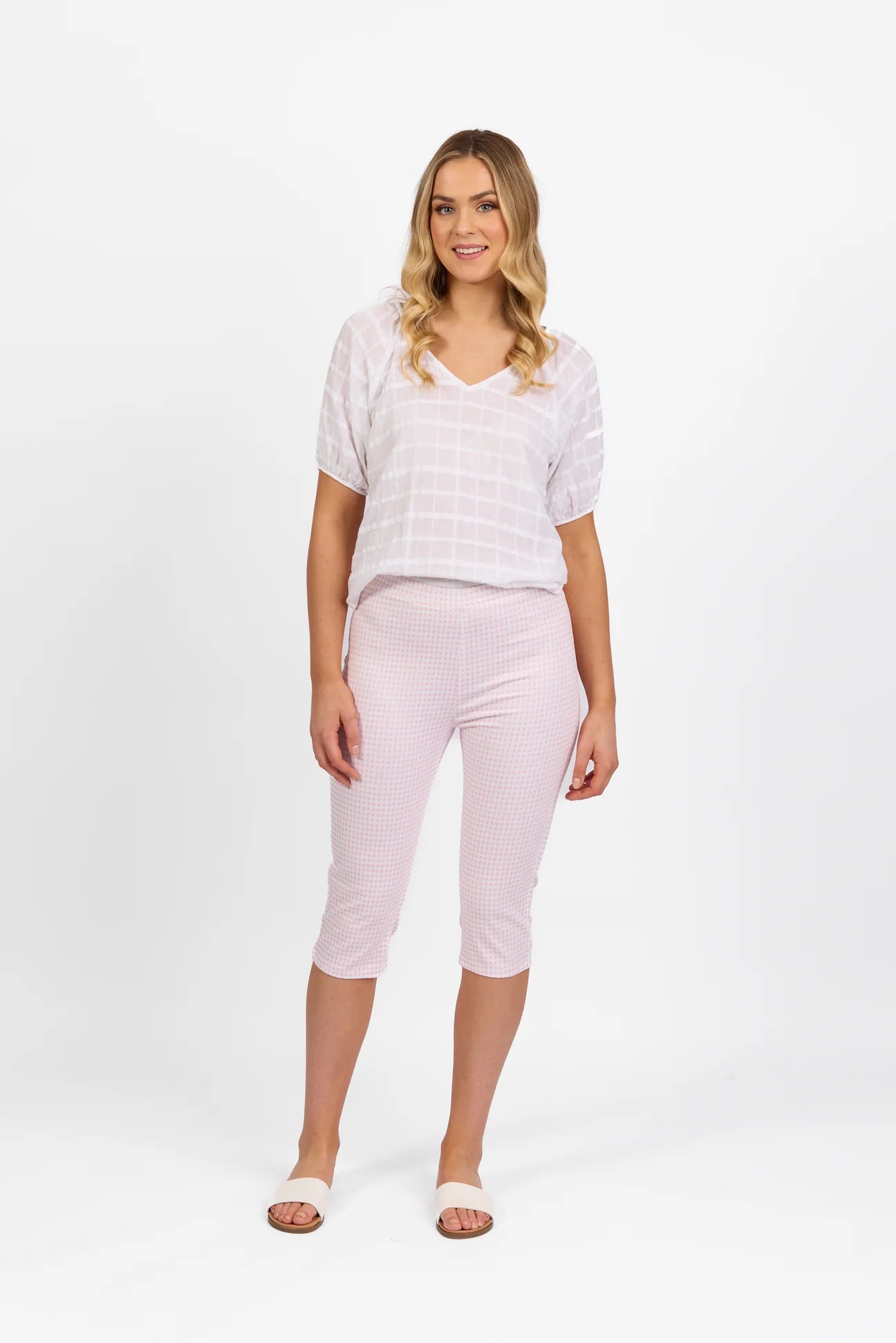 Pink Ghingham 3/4 Pull On Pants