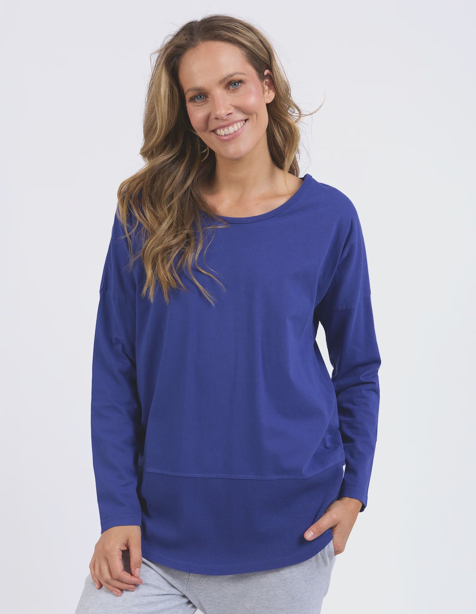 Rib Long Sleeves Top Deep Blue